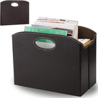 WRINGKIT Leather Magazine File Holder, Foldable Magazine Basket with Handles, Stable Brown Magazines Rack Floor, Document File Folder Organizer Box, Books Newspaper Storage Bin for Office Home School