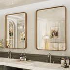 LOAAO 28X36 Bathroom Mirror with Wood Grain Colored Metal Frame, Rounded Rectangle Metal Framed Bathroom Mirror, Anti-Rust, Hangs Horizontally or Vertically