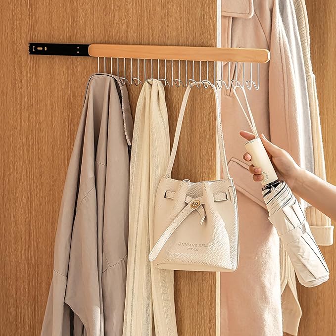Pull Out Belt Rack for Closet, Sliding Hooks Hanger Rack for Bras Ties Tank Top Scarf Jewelry, Space Saving Organizr for Wardrobe Cabinet, Right Side 8 Hooks Rail, 2 Pcs