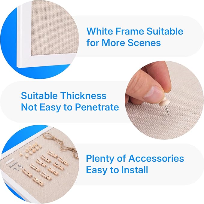 OWLKELA 13.3"x17.7" inch Bulletin Board with Linen 3 Pack, White Wood Style Frame, with 30 Pushpins, Linen Cork Board, Ideal for School, Home & Office