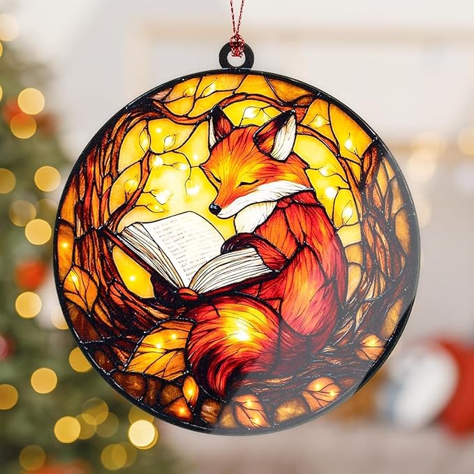 Fox Ornament, Book Lover Gifts for Women, Book Ornament, Christmas Ornaments 2026, Cozy Reading Animal Decor, Literary Gift Idea, Autumn Light Acrylic Suncatcher Ornaments, Unique