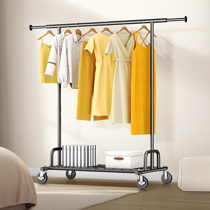 HOKEEPER Clothes Rack Collapsible Clothing Garment Rack Capacity 525LBS Clothing Racks on Wheels Heavy Duty Rolling Clothes Rack for Hanging Clothes for bedroom, Commercial, Black 22"D x 75"W x 71"H