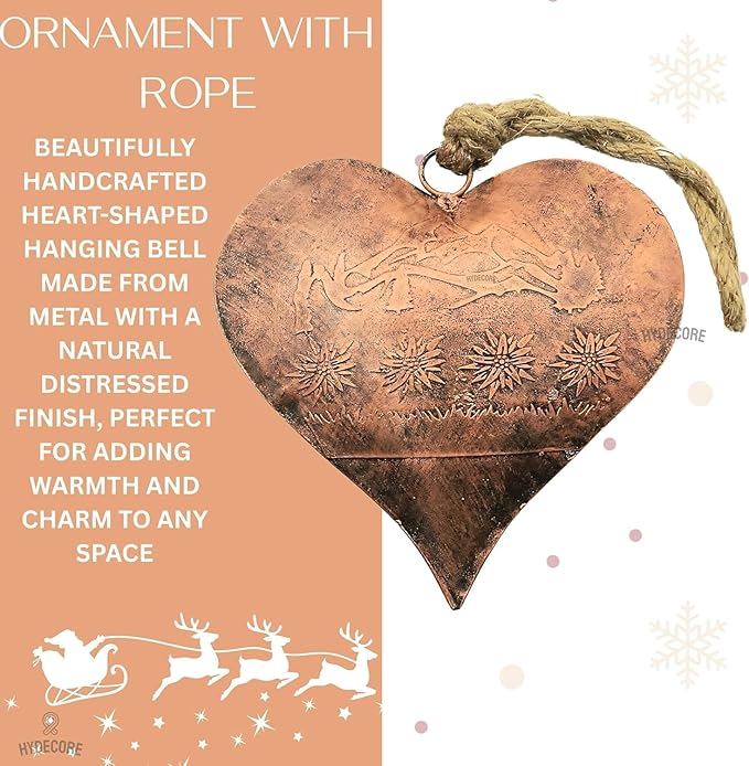 Rustic Heart Hanging Bell Vintage Metal Ornament. Farmhouse Wall & Door Hanging Decoration for Christmas, Weddings & Home Décor