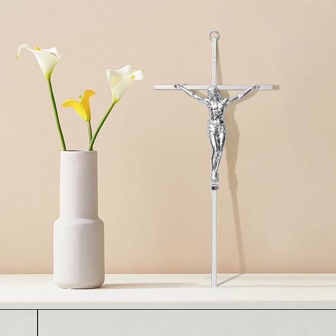 KUXBET Crucifix Wall Cross, Metal Wall Hanging Cross,10inch Silver Jesus Crucifix Home Décor, Gift for Family
