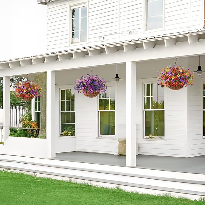 Artificial Faux Hanging Flowers Plants with Basket for Outdoor Spring Decoration, Fake Silk Daisy Outside Indoor UV Resistant Look Real Yard Patio Front Porch Garden Balcony Home Decor(Mix2)
