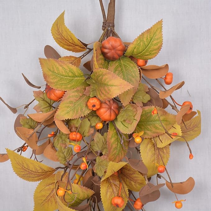 20 Inch Fall Harvest Swag, Artificial Fall Maple Swag Autumn Thanksgiving Day Halloween Decorative Teardrop, Halloween Wall Door Decor Sunflower Berry Fake Wreath (#2)