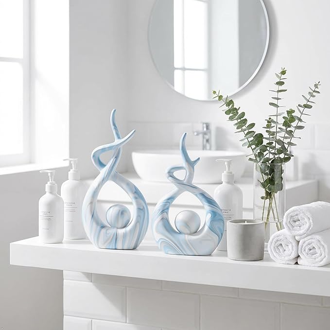 Blue Home Decor Sculptures, Dining Room Table Centerpiece Shelf Decor, Ceramic Statues Coffee Table Decor, Modern Abstract Art Desktop Entrance Decorations (2pcs)