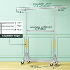 Heavy Duty Rolling Clothes Rack with Double Rods for Hanging Clothes, Adjustable & Extendable Metal Clothing Rack, Garment Rack With Wheels Shelf, Sturdy Freestanding Closet Rack, 100% Stainless Steel