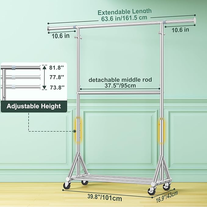 Heavy Duty Rolling Clothes Rack with Double Rods for Hanging Clothes, Adjustable & Extendable Metal Clothing Rack, Garment Rack With Wheels Shelf, Sturdy Freestanding Closet Rack, 100% Stainless Steel