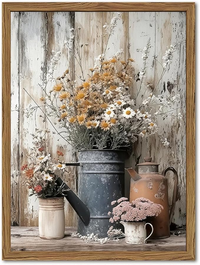 Wood Framed Farmhouse Vintage Canvas Wall Art, Rustic Floral Daisy Pictures Wall Decor Paintings, Country Flower Artwork Poster Prints for Living Room Kitchen Bedroom Bathroom 12x16 inch