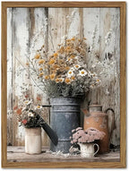 Wood Framed Farmhouse Vintage Canvas Wall Art, Rustic Floral Daisy Pictures Wall Decor Paintings, Country Flower Artwork Poster Prints for Living Room Kitchen Bedroom Bathroom 12x16 inch