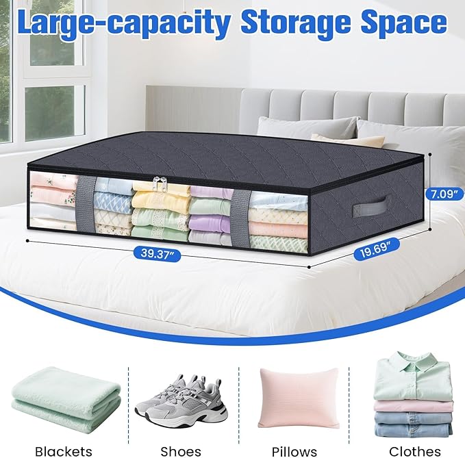 Under Bed Storage Containers, 2 Pack Blanket Storage Bags, Collapsible Storage Bags with Big Zippers, Clear Front, Shoe Storage and Organization for Clothes, Comforter, 90L, Grey