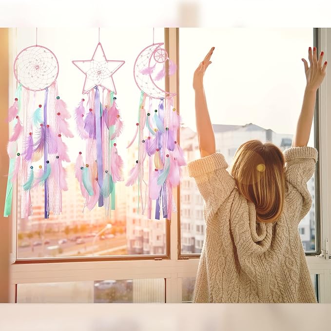 Jetec 3 Pcs Dream Catcher Moon Sun Star Design Handmade Traditional Design Craft Ornament Wall Art Hanging Home Decoration Bedroom Wedding(Pastel Color)