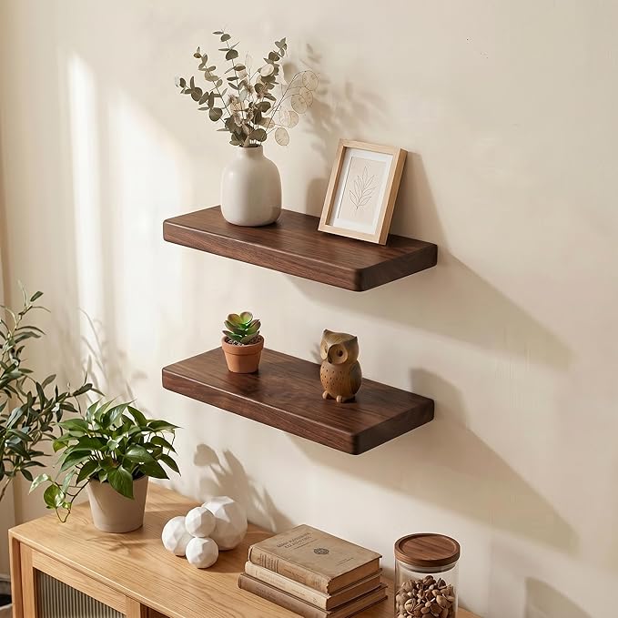 18 Inch Floating Shelves, Solid Wood Wall Shelves, 8 Inch Deep Floating Shelf – for Bathroom, Bedroom, Living Room, Kitchen, Home Decor & Storage, Heavy-Duty Wooden Shelf Wall-Mounted, Set of 2