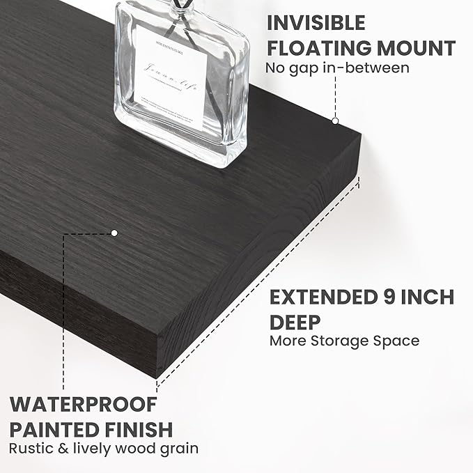 Solid Wood Floating Shelves For Wall, 55”W x 9”D x 1.56”H Large Wall Shelves for Living Room Bedroom Bathroom Kitchen Drcor Storage with Invisible Heavy-Duty Metal Bracket, Carbonized Oak, 2 Pack