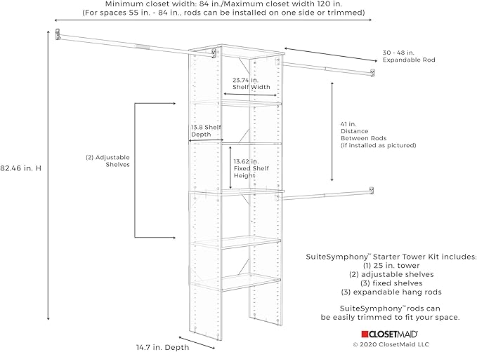 ClosetMaid SuiteSymphony Wood Closet Organizer System, 25-Inch Starter Kit with Tower and 3 Hang Rods and Shelving, Adjustable Shelves, Customizable Insert, Reach-in or Walk-in Closets, Pure White