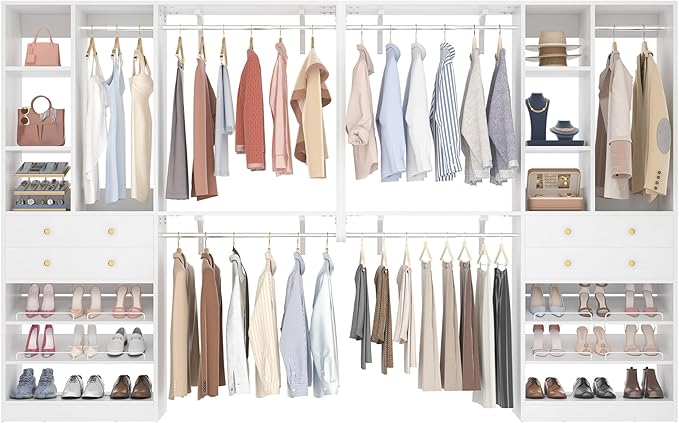 10FT Closet System with 4 Drawers, 120" Closet Organizer System with 6 Hanging Robs & Reversible Shelving, Closet Systems for Walk-in Closets, White
