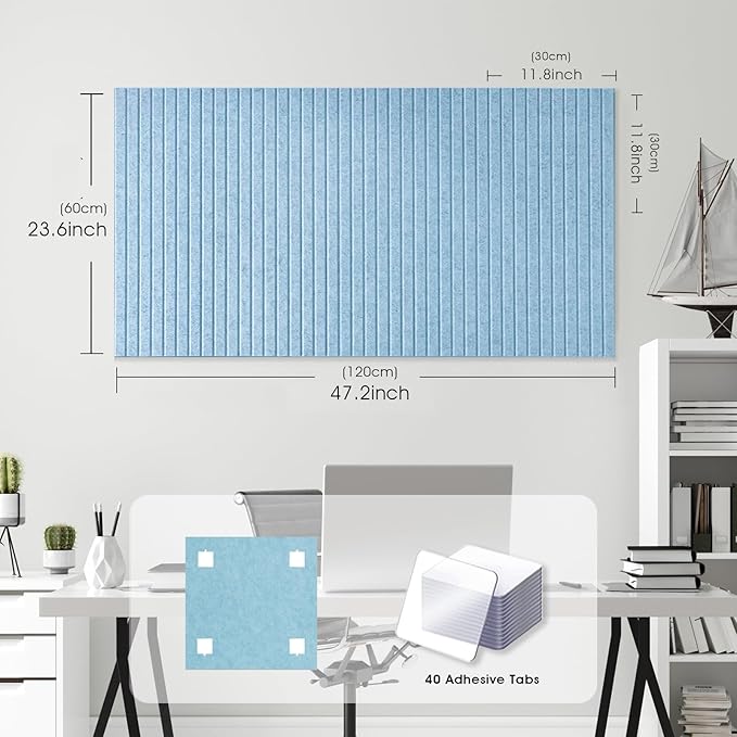 Large Cork Board for Office, 8 Pack Felt Wall Tiles with Slat Wall Paneling and Safe Removable Adhesive Tabs, Felt Bulletin Board Pin Board Cork Boards for Walls - Light Blue