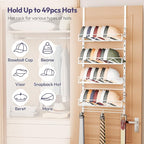 SWTYMIKI Over Door Hat Organizer - 5 Tier Wall Mounted Hat Rack with 4 Adjustable Metal Basket and 3 Hooks, Hanging Baseball Cap Organizer Storage Holds up to 49 Caps for Door, Bedroom, Closet
