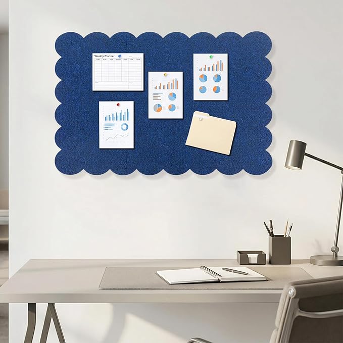 Foldable Decorative Scalloped Felt Bulletin Board 24 * 16 Inches for Wall, Alternative Photo Board Self-Adhesive Vision Board Decorative Pin Board for Wall (Dark Blue)
