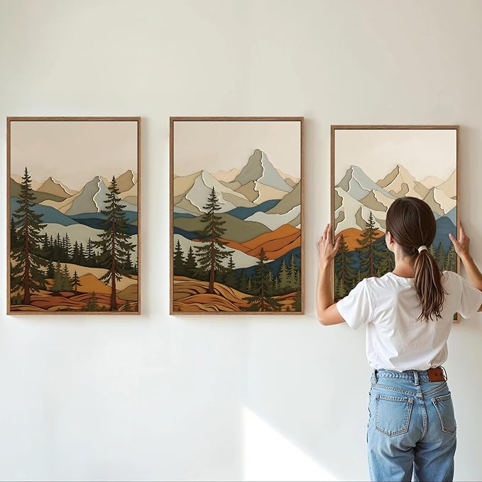 SIGNINART Vintage Mountains Framed Canvas Wall Art, Wooden Forest Wall Decor, Green Wood Pine Trees Wilderness Artwork, Natural Ridge Landscape Art Paintings for Living Room Bedroom Office 24"x36"x3