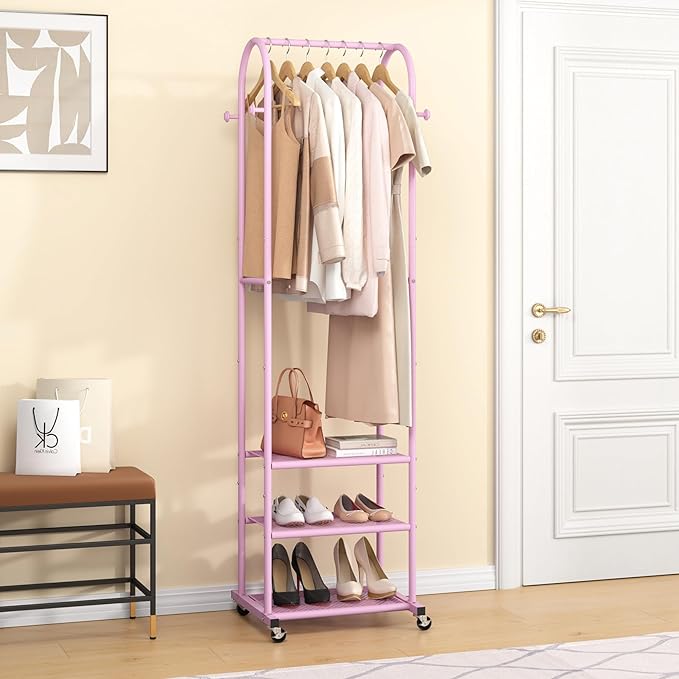 Heavy Duty Clothing Rack with Wheels,Modern Garment Rack with 3 Metal Shelves, 71.8Inches Display Rack for Hanging Clothes, Hanging Rod for Small Space,Pink