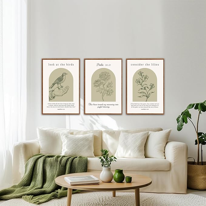 KAlRNE Sage Green Bible Verse Wall Art Set of 3(24”x36”),Framed Vintage Scripture Prints,Religious Birds and Lilies Decor,Green Christian Gallery Artwork for Living Room Bedroom Office