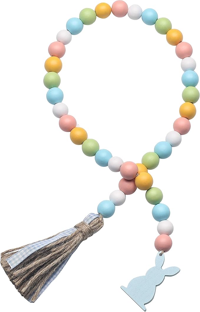 Easter Spring Wood Beaded Garland with Tassels and Bunny Tag Farmhouse Wooden Beads for Tiered Tray Decorations Holiday Country Rustic Prayer Boho Beads Rae Dunn Shelf Décor (Easter Bunny Blue)