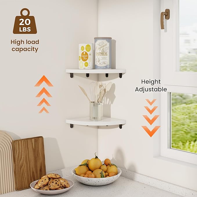 Fun Memories Corner Shelf Wall Mount, Solid Oak Wood Floating Corner Shelves with Cable Hole, 7in Rustic Design for Bedroom, Bathroom, Kitchen, Living Room (White, 1 Pack)