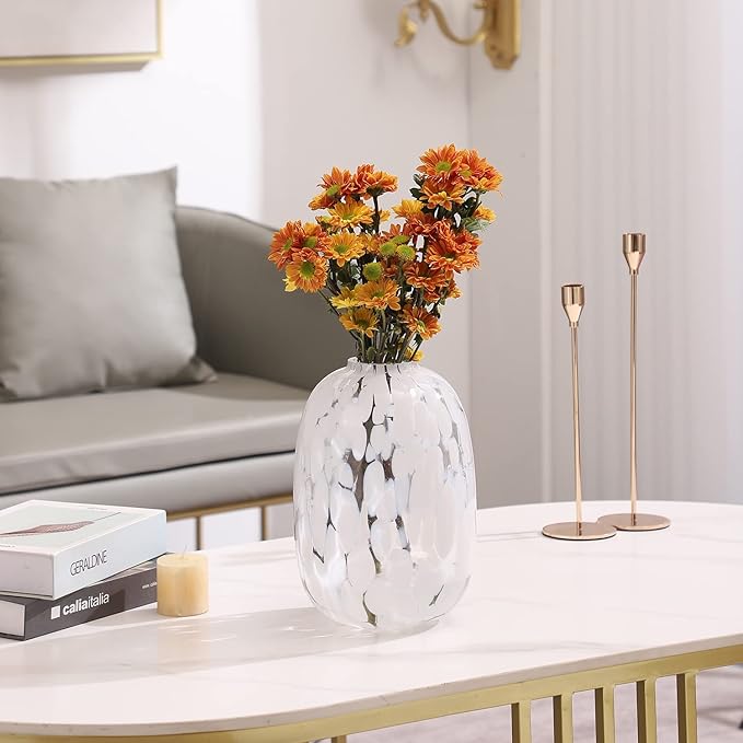 White Glass Vase, Large Glass Vase for Flowers, Modern Flower Vases, Tall Floor Vases for Living Room, Dining Table, Mantle, Shelf, Wedding, Office, 10 Inches