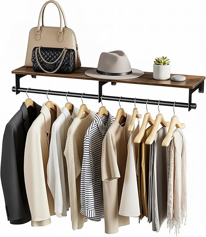 Luxspire Wall Mounted Clothes Rack, 43.3inch Clothing Racks with Top Shelf for Hanging Clothes, Heavy Duty Industrial Pipe Garment Rack, Laundry Room Shelves Closet Storage, Large