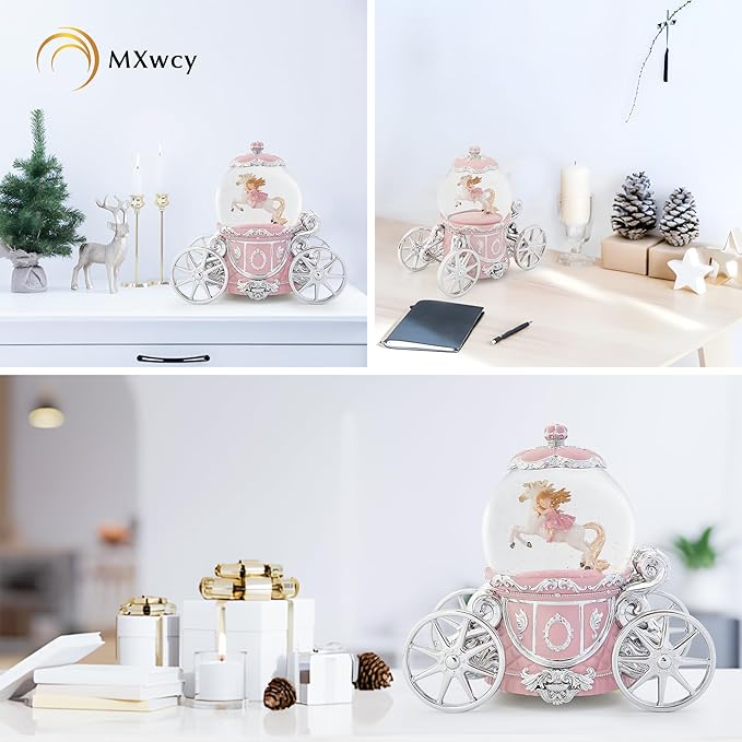 Unicorn Snow Globe Music Box, 7" Pink Light Up Musical Snow Globe for Girls, Christmas Snow Globes for Mom Grandma Wife Women, Princess Carriage Birthday Valentines Gifts Home Decor