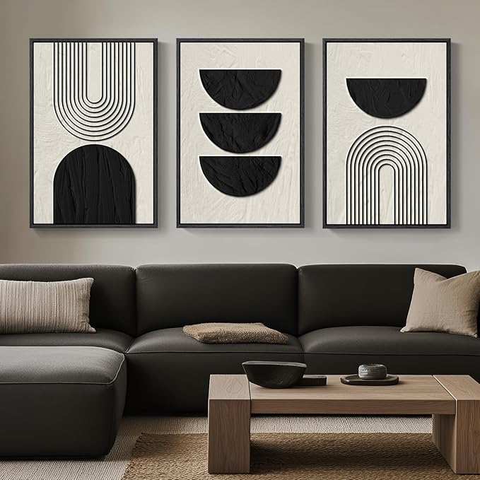 Framed Boho Wall Art for Living Room, Large 3 Piece Neutral Geometric Black and Beige Abstract Pictures Wall Art Decor, Farmhouse Vintage Artwork Home Decor for Hallway Office Guest Room 24x36 Inch