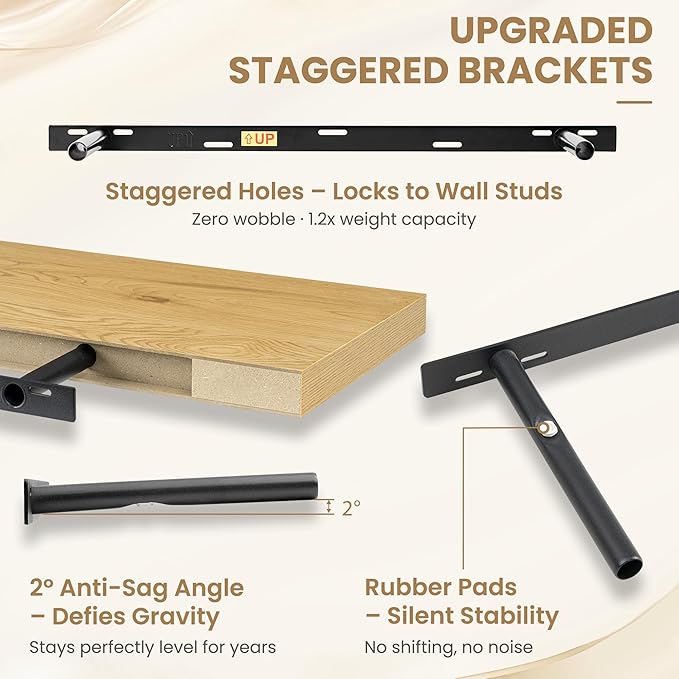 FLYJOE 36 Inch Long Floating Shelves for Wall Set of 1, 12" D Wood Grain Bathroom Shelves with Invisible Brackets, Easy Install Engineered Wood Storage Shelves for Kitchen, Living Room, Bedroom