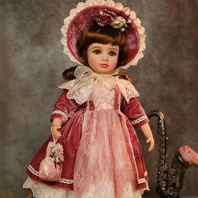 18 Inch Kawaii Porcelain ＆ Fabric Doll Cute European Retro Handmade Ceramic Doll with Showing Stand for Room Decor, Birthday Gifts, Collectible ，Name Olivier (Red)