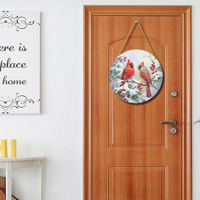 Harooni Winter Welcome Sign for Front Door, Cardinal Bird Wood Door Hanger for Outdoor Outside Porch, Christmas Cardinal Round Hanging Signs Holiday Decorations for Home Wall Porch Yard Farmhouse