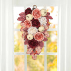 Harvest Teardrop Swag Fall Floral Swag sway with White Pumpkin Chrysanthemum Rose and Eucalyptus Leaves Autumn Teardrop sway for Home Front Door Wall Mantel Window Decor Pink and Burgundy