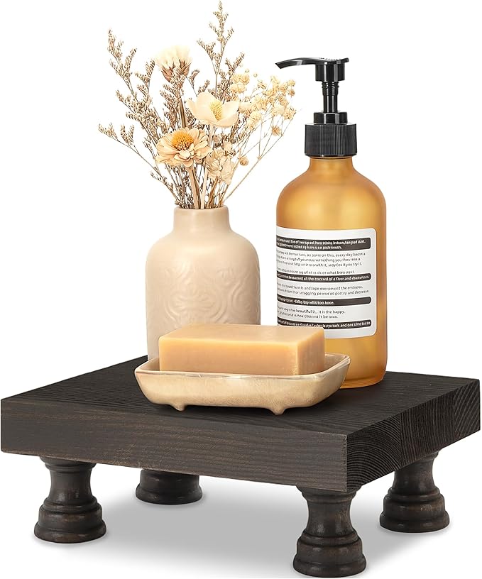 EOSAHR Retro Pine Wood Riser Display Stand for Home Decor - Farmhouse Pedestal Stand Can be used as Sponge Holder & Plant Stand - Countertop Organizer for kitchen & Bathroom(Distressed Black)