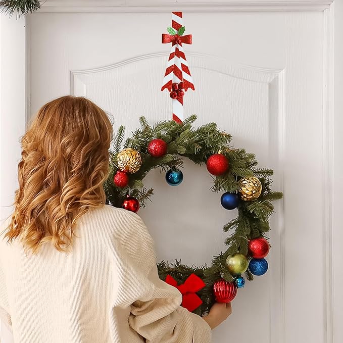 2 Pack Candy Cane Wreath Hangers for Front Door,Christmas Decoration Metal Over The Door Wreath Hanger Ornament,Door Wreath Hanger