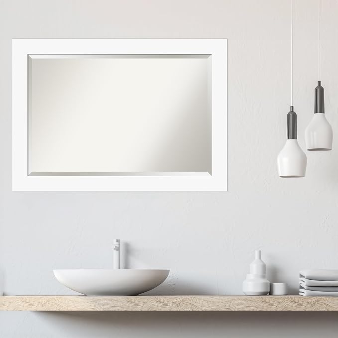 Amanti Art White Wall Mirror 29x41 Basic White Rectangle Bathroom Mirror for Wall Decor Living Room, Large Casual Wood Frame, Hangs Horizonally and Vertically, Bathroom Decor, Beveled Edge