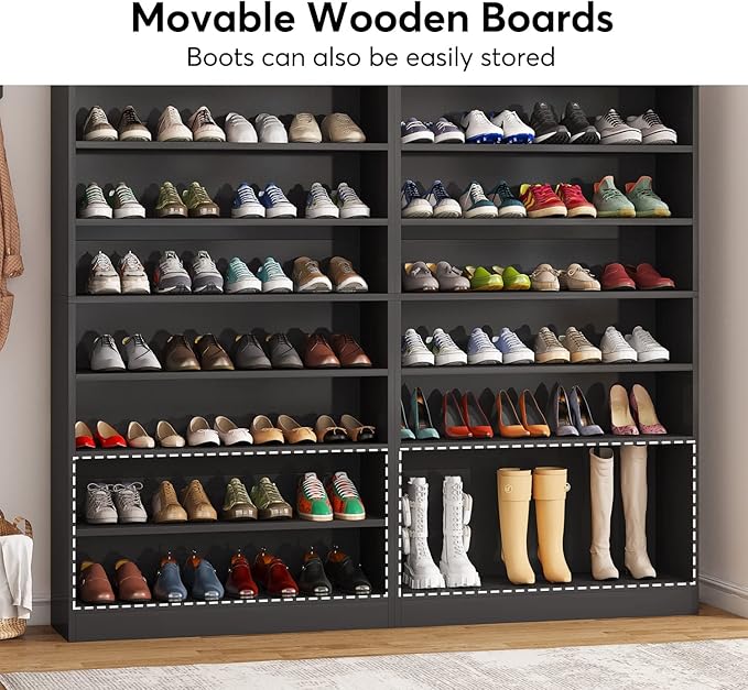 Tribesigns 2PCS Shoe Cabinet, 9 Tiers 40-45 Pairs Heavy Duty Wood Freestanding Shoe Storage Cabinet, 70.8'' Tall Shoe Cabinet with Open Storage for Entryway (Black)