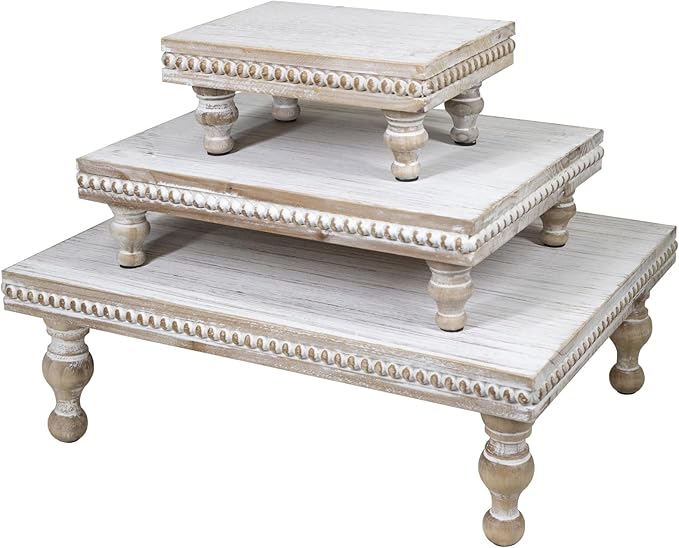 MAONAME Wood Display Risers Decorative Tray Set of 3, Farmhouse Pedestal Stand for Display Home Decor, Vintage White Beaded Wooden Tray for Kitchen Counter, Short and Tall Footed
