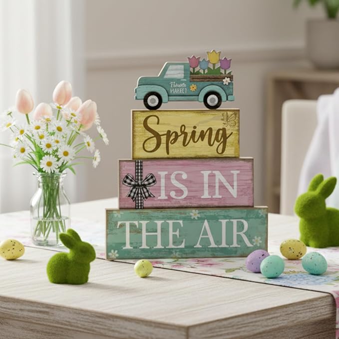Moucuny 4 Pcs Spring Table Decor Wooden Blue Truck Decoration Flower Centerpiece Spring Tiered Tray Decor Decorative Colorful Flower Block Signs Gift Farmhouse Decoration for Home Kitchen