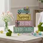 Moucuny 4 Pcs Spring Table Decor Wooden Blue Truck Decoration Flower Centerpiece Spring Tiered Tray Decor Decorative Colorful Flower Block Signs Gift Farmhouse Decoration for Home Kitchen