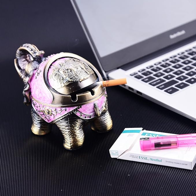 LAUYOO Stand Elephant Ashtray with Lid Windproof Metal Ashtrays Outdoor, Indoor Ashtray for Smoking,Vintage Practical Decoration Ash trays for Cigarettes Great Gift for Men Women-Pink