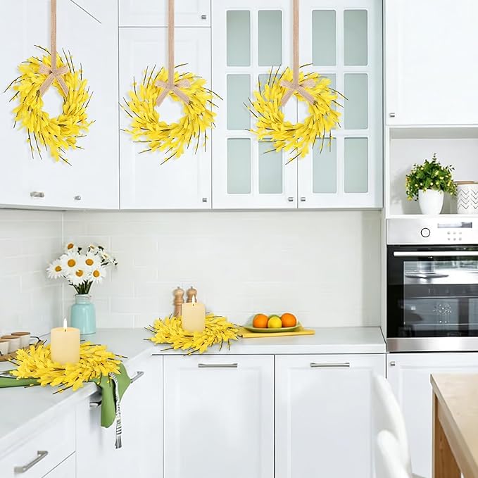 6 PCS 9'' Mini Spring Forsythia Wreath for Front Door Small Artificial Forsythia Farmhouse Kitchen Cabinet Wreaths with Burlap Ribbon Hanging Spring Summer Floral Wreaths for Porch Wall Window Decor