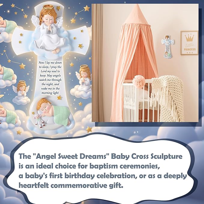 Wenqik 7.1 Inch Guardian Angel Baptism Decorative Hanging Resin Cross Sweet Dreams Baby Decorative Angels Cross Wall Decoration for Boys and Girls Keepsake Nursery Room Christening Gift