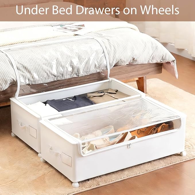 Under Bed Storage with Wheels, Rolling Under bed Storage with Metal Frame, Under Bed Shoe Storage for Space Saving, Zippered Clear Lid, Heavy-Duty Steel Base for Clothes, White,4XL 90L