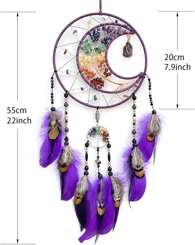 Purple Large Dream Catcher Wall Decor Crystal Tree of Life Dream Catchers with Stone Pendant Handmade Feather Dreamcatcher Wall Hanging Ornament for Bedroom Living Room Home Decor