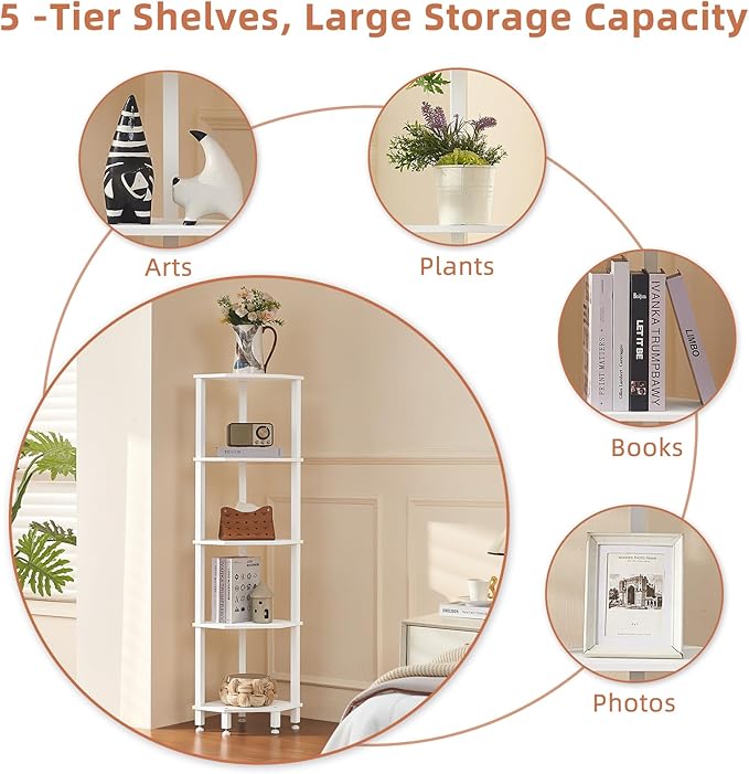 YUFAM 5-Tier Corner Shelf with Sturdy 5-Leg Base, Wooden Corner Bookshelf for Small Spaces, Corner Standing Shelf for Living Room, Bedroom, Office, White